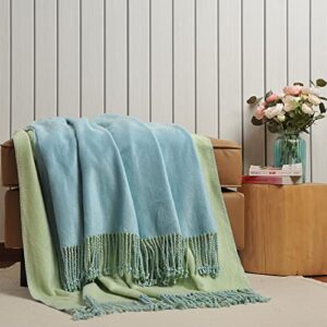 EP Mode Reversible Fringed Mulberry Silk Throw Blanket for Sofa (Crystal Blue/Lime)