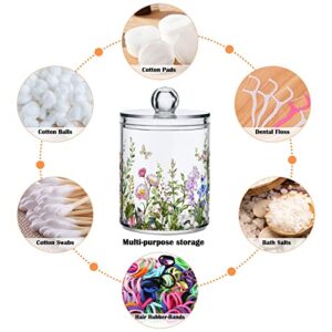 xigua Wildflowers Qtip Holder Dispenser with Lid 14 oz,Apothecary Jars Plastic Cotton Swabs Cans Clear Bathroom Storage Canister for Cotton Ball,Cotton Swab,Cotton Round Pads,Floss