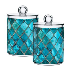 jumbear 4 pack turquoise grey qtip holder dispenser with lid, 14 oz clear plastic apothecary jar set for bathroom vanity organizers storage containers
