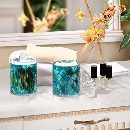 JUMBEAR 4 Pack Turquoise Grey Qtip Holder Dispenser with Lid, 14 oz Clear Plastic Apothecary Jar Set for Bathroom Vanity Organizers Storage Containers