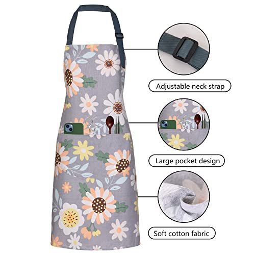 ARBINSON 2 Pack Floral Apron for Women with Pockets, Adjustable Cotton Chef Aprons for Kitchen, Cooking, BBQ & Grill (Green/Leaves)