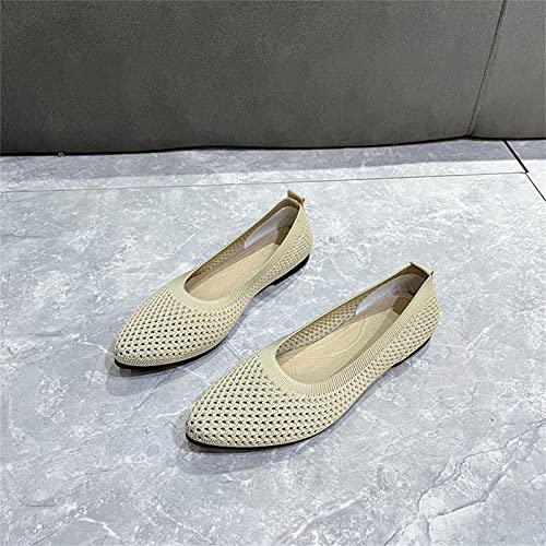 Ladies Fashion Solid Color Breathable Knitting Pointed Shallow Flat Casual Shoes Shoes Women Casual Sandals (Beige, 7)