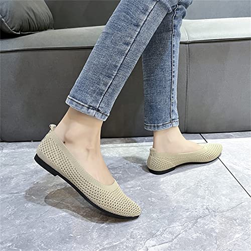 Ladies Fashion Solid Color Breathable Knitting Pointed Shallow Flat Casual Shoes Shoes Women Casual Sandals (Beige, 7)