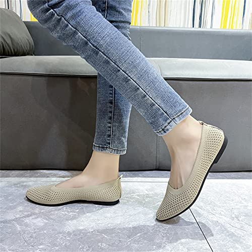 Ladies Fashion Solid Color Breathable Knitting Pointed Shallow Flat Casual Shoes Shoes Women Casual Sandals (Beige, 7)