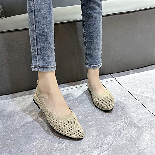 Ladies Fashion Solid Color Breathable Knitting Pointed Shallow Flat Casual Shoes Shoes Women Casual Sandals (Beige, 7)