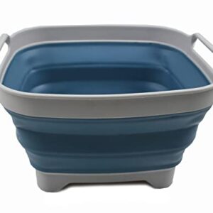 SAMMART 7.5L (2 Gallons) Collapsible Dishpan with Draining Plug - Foldable Washing Basin - Portable Dish Washing Tub - Space Saving Kitchen Storage Tray (Grey/Steel Blue, 1)