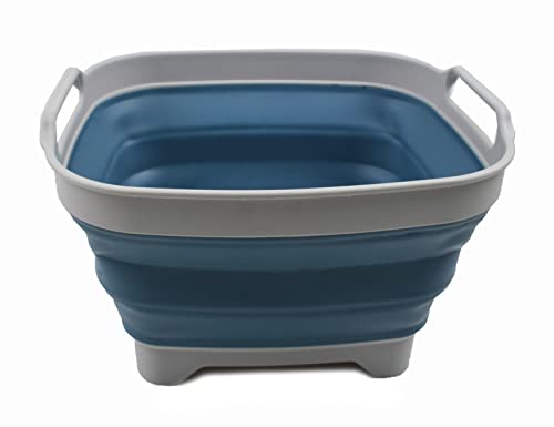 SAMMART 7.5L (2 Gallons) Collapsible Dishpan with Draining Plug - Foldable Washing Basin - Portable Dish Washing Tub - Space Saving Kitchen Storage Tray (Grey/Steel Blue, 1)