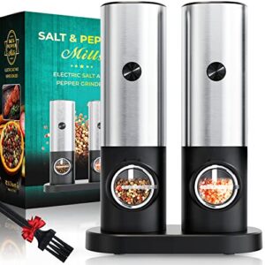electric pepper and salt grinder set, adjustable coarseness, battery powered with led light and storage base, one hand automatic operation, stainless steel, 2 pack