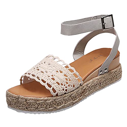 Buckle Wedges Beach Breathable Women's Weave Strap Open Sandals Shoes Summer Toe High Heel Wedges Boots for Women (Grey, 6.5-7)