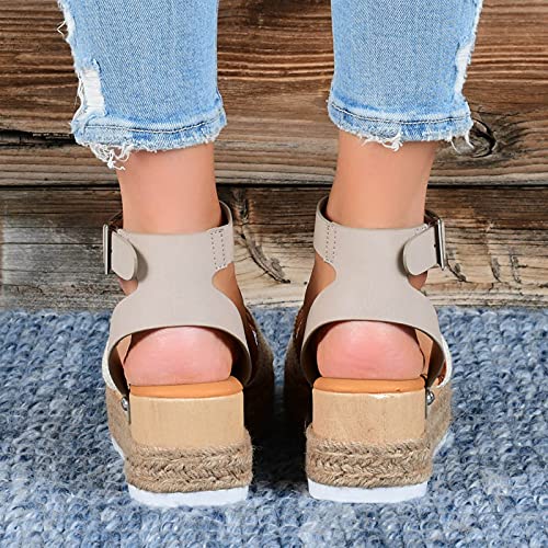 Buckle Wedges Beach Breathable Women's Weave Strap Open Sandals Shoes Summer Toe High Heel Wedges Boots for Women (Grey, 6.5-7)