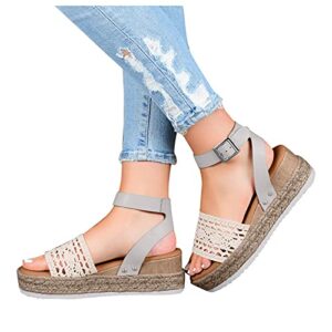 Buckle Wedges Beach Breathable Women's Weave Strap Open Sandals Shoes Summer Toe High Heel Wedges Boots for Women (Grey, 6.5-7)