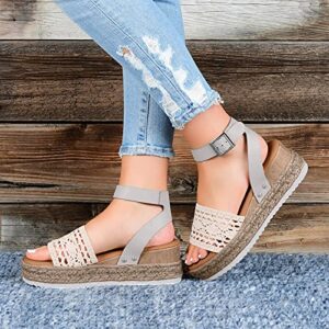 Buckle Wedges Beach Breathable Women's Weave Strap Open Sandals Shoes Summer Toe High Heel Wedges Boots for Women (Grey, 6.5-7)