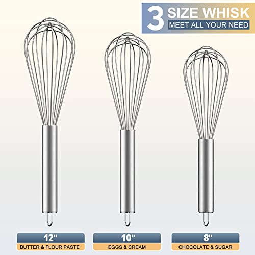 Ouddy Stainless Steel Whisk Set 8"+10"+12", Kitchen Whisk Balloon Whisks for Cooking Egg Beater Wire Wisk Wisking Tool for Blending Whisking Beating Stirring Baking