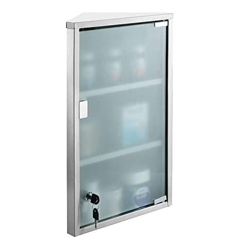 MyGift 19-Inch Stainless Steel Silver Corner Mount Medicine Cabinet, First Aid Wall Cabinet with 3 Storage Shelf, Locking Frosted Glass Door and Keys