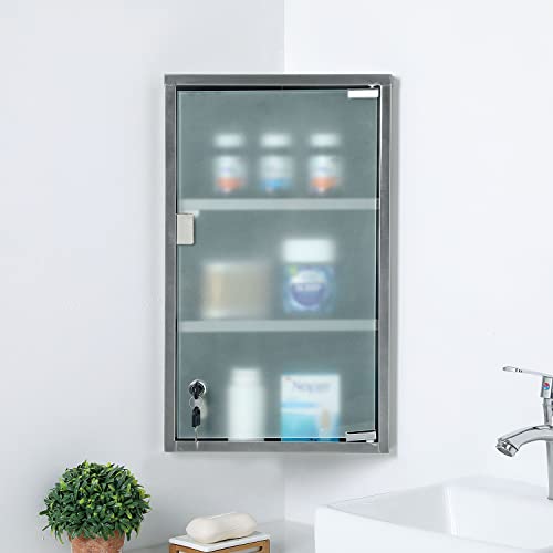 MyGift 19-Inch Stainless Steel Silver Corner Mount Medicine Cabinet, First Aid Wall Cabinet with 3 Storage Shelf, Locking Frosted Glass Door and Keys