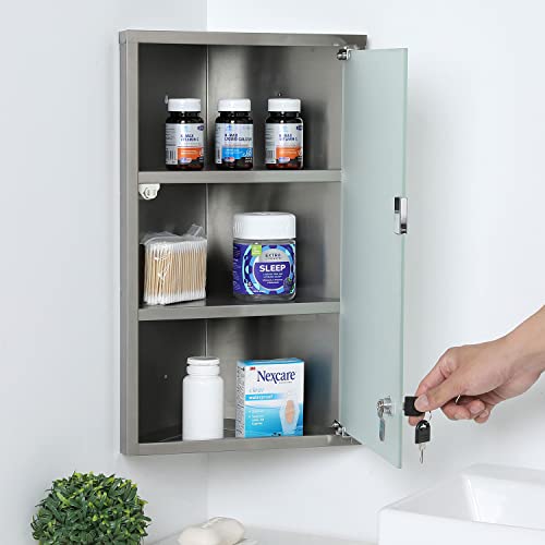 MyGift 19-Inch Stainless Steel Silver Corner Mount Medicine Cabinet, First Aid Wall Cabinet with 3 Storage Shelf, Locking Frosted Glass Door and Keys