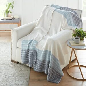 crafted by catherine heathered border cozy knit throw blanket 60" x 70" inches, soft comfy decorative throw for couch bed sofa travel, stripe cream and blue