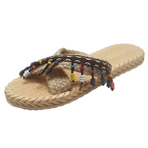 Imitation Woven Flip and Straw Slippers Beach Summer Spring and Flat Women Sandals Flops Pineapple Slippers for Women (Coffee, 8.5)