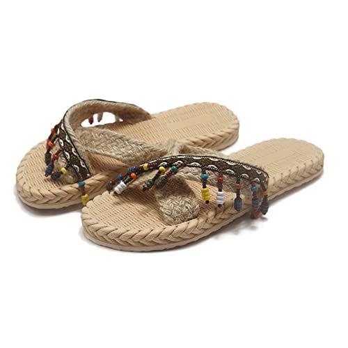 Imitation Woven Flip and Straw Slippers Beach Summer Spring and Flat Women Sandals Flops Pineapple Slippers for Women (Coffee, 8.5)