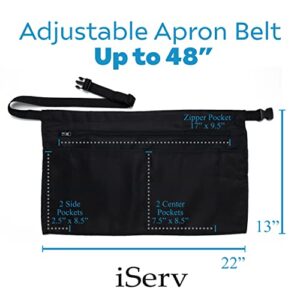 iServ 5 Pockets Black Waist Apron (22x13 inches). Clip-on Server Apron with Zipper pocket. Restaurant Half Aprons Waitress, Waiter, Server, Bartender, Barista, Money Apron, Check Holder, Organizer