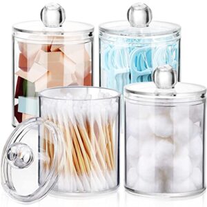 eofjruc 4 pack qtip holder dispenser for cotton ball, cotton swab, cotton round pads, 10 oz clear plastic acrylic apothecary jar for bathroom canister storage organization, vanity makeup organizer