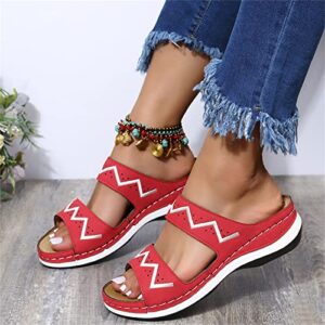 Round Women's Shoes Shoes Wave Pattern Toe Sandals Wedge Open Beach Toe Women's Sandals Women Wedge Sandals Size 8 (Red, 9.5)