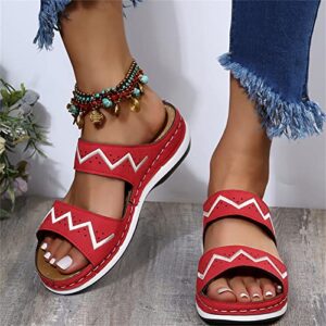 Round Women's Shoes Shoes Wave Pattern Toe Sandals Wedge Open Beach Toe Women's Sandals Women Wedge Sandals Size 8 (Red, 9.5)