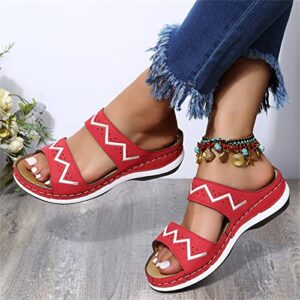 Round Women's Shoes Shoes Wave Pattern Toe Sandals Wedge Open Beach Toe Women's Sandals Women Wedge Sandals Size 8 (Red, 9.5)