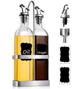 gmisun oil and vinegar dispenser set- comes with stainless steel holder rack, clear glass olive oil dispenser bottle for kitchen, cooking oil & vinegar cruet set, 2 pack