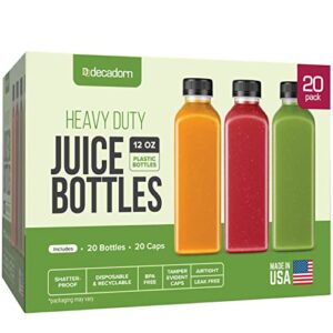 decadorn 12oz plastic juice bottles for juicing - 20 pack plastic bottles with caps - made in usa juicing bottles reusable with lids - juicer bottles with tamper evident caps