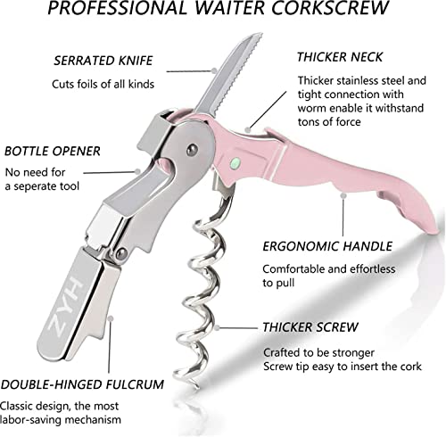 Waiter Corkscrew Wine Opener 2-Pack Pink, HYZ Professional Wine Key for Servers, Bartender with Foil Cutter, Manual Wine Bottle Opener Double Hinged