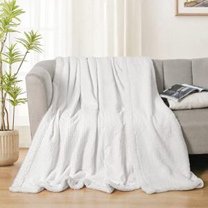 PHF Waffle Sherpa Blanket King Size, Luxury Warm Plush Flannel Blanket for Winter, No Shed No Pilling Cozy Soft Waffle Weave Fleece Blanket for Bed and Couch, White, 104x90 Inches