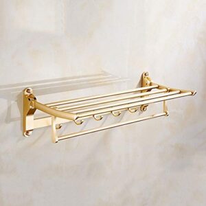 Muti-Function Bathroom Shelf, Space Aluminum Shower Towel Holder, Wall Mounted Double Layer Shelves, Foldable Antirust Towel Rack for Bathroom Hotel 4-Bar 4 Hooks (Color : Gold)