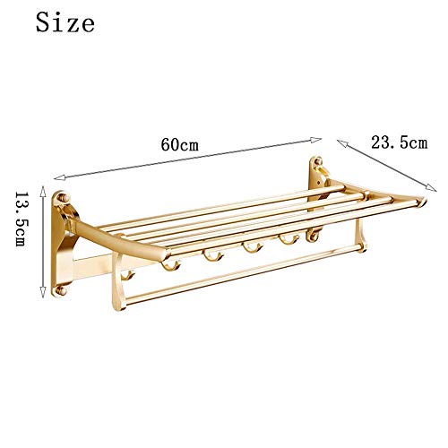 Muti-Function Bathroom Shelf, Space Aluminum Shower Towel Holder, Wall Mounted Double Layer Shelves, Foldable Antirust Towel Rack for Bathroom Hotel 4-Bar 4 Hooks (Color : Gold)