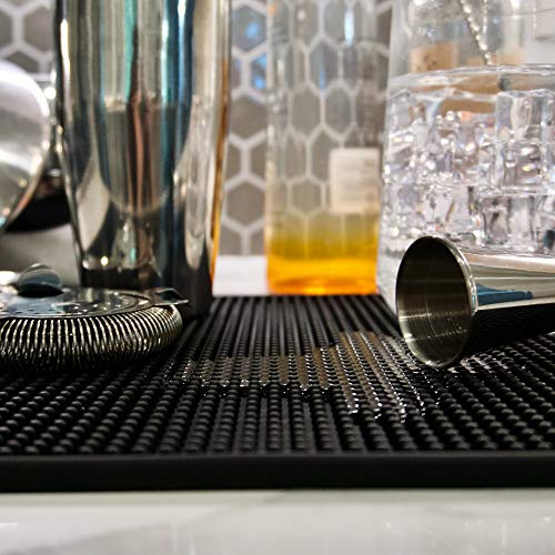 Highball & Chaser Bar Mat 18in x 12in, Thick Durable and Stylish Bar Mat for Spills. Non Slip, Non-Toxic, Service Mat for Coffee, Bars, Restaurants Counter Top (2 Pack, Black)