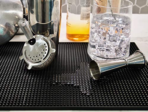 Highball & Chaser Bar Mat 18in x 12in, Thick Durable and Stylish Bar Mat for Spills. Non Slip, Non-Toxic, Service Mat for Coffee, Bars, Restaurants Counter Top (2 Pack, Black)