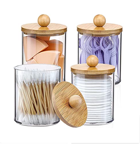 WUBY (4Pcs) Bathroom Jar with Lid, Cotton Ball Holder Bathroom Decorative Container,Holder for Storing Cotton Swabs, Cotton Balls, Dental Floss and Cotton Round Pads