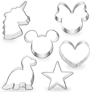 cotey cookie cutters 4" to 3" set of 6 mickey & minnie mouse unicorn dinosaur heart star hot biscuit cake fondant pancake cutter mold for kids children holiday celebration birthday party
