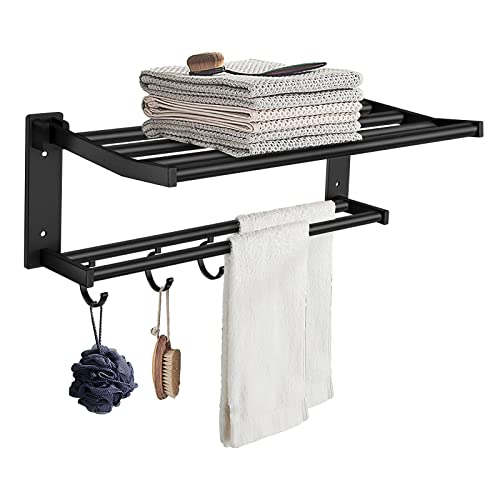 COSIFO Black Bathroom Shelf with Towel Bar and Shower Hooks, 15.5inch Wall Mounted Shower Storage Shelf, Space Aluminum Double Layer Towel Rack Hanger