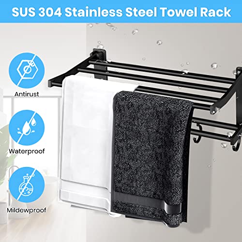 COSIFO Black Bathroom Shelf with Towel Bar and Shower Hooks, 15.5inch Wall Mounted Shower Storage Shelf, Space Aluminum Double Layer Towel Rack Hanger