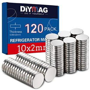 diymag 120pcs refrigerator magnets 10x2mm premium brushed nickel small round cylinder fridge magnet, perfect to use as office magnets, dry erase board magnetic pins, whiteboard, map pins