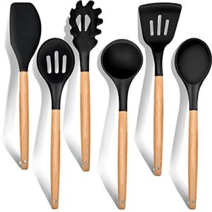 cooking utensils set of 6, e-far silicone kitchen utensils with wooden handle, non-stick cookware friendly & heat resistant, includes spatula/ladle/slotted turner/serving spoon/spaghetti server(black)