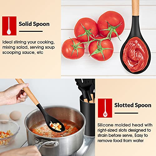 Cooking Utensils Set of 6, E-far Silicone Kitchen Utensils with Wooden Handle, Non-stick Cookware Friendly & Heat Resistant, Includes Spatula/Ladle/Slotted Turner/Serving Spoon/Spaghetti Server(Black)