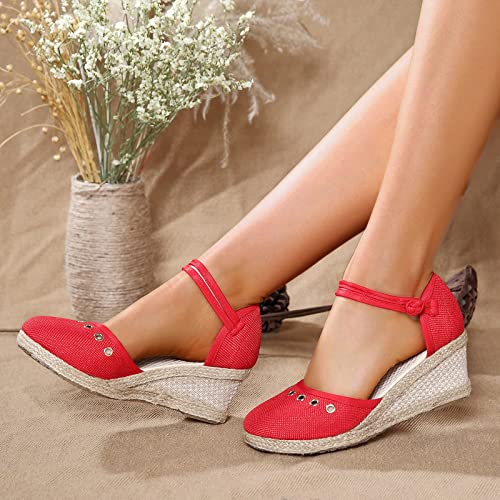 Coerni Women Platform Wedge Sandals Fashion Versatile Braided Buckle Breathable Wedge Sandals Report Sandals for Women (Red, 6.5)