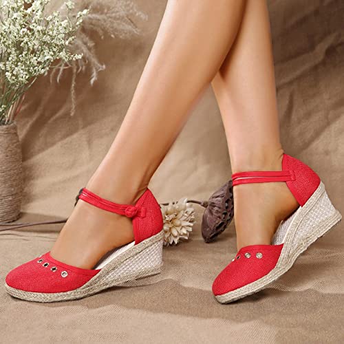 Coerni Women Platform Wedge Sandals Fashion Versatile Braided Buckle Breathable Wedge Sandals Report Sandals for Women (Red, 6.5)