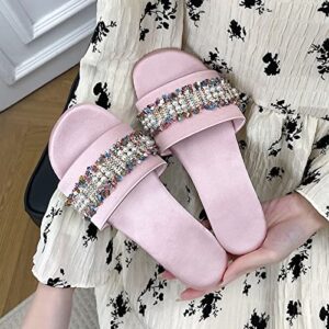 Fashion Women Beach Slip On Pearl Casual Open Toe Non Slip Flat Breathable Slippers Shoes Bedroom Boot Slippers Women (Red, 7)