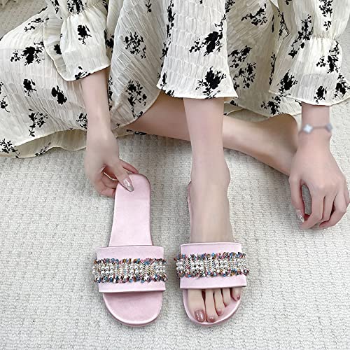 Fashion Women Beach Slip On Pearl Casual Open Toe Non Slip Flat Breathable Slippers Shoes Bedroom Boot Slippers Women (Red, 7)