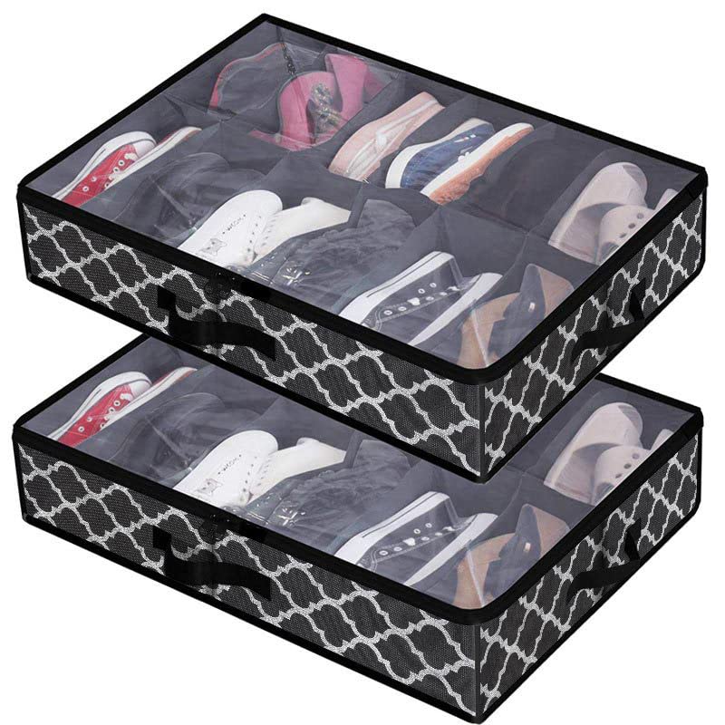 Under Bed Shoe Storage Organizer Fits Large Capacity Shoes Jumbo Slots Underbed Shoe Rack Bin Container Clear Window Lid ,Men Sneakers,Women High Heels,Short Boots Set of 2 Fits 20 Pairs (Black )