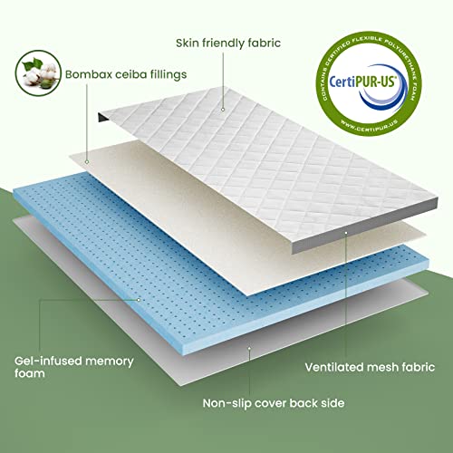 BedStory 4 Inch Memory Foam Cool Gel Mattress Topper Queen Size, Ventilated Fiber-Filled Cover Fitted Topper Soft for Relieving Pressure, Conforming Support