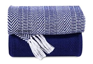 luxurious hand woven cozy warm 100% combed cotton all season indoor outdoor light weight fade resistant couch chair bed throw blankets batik 50x60 inch set of 2 (navy)